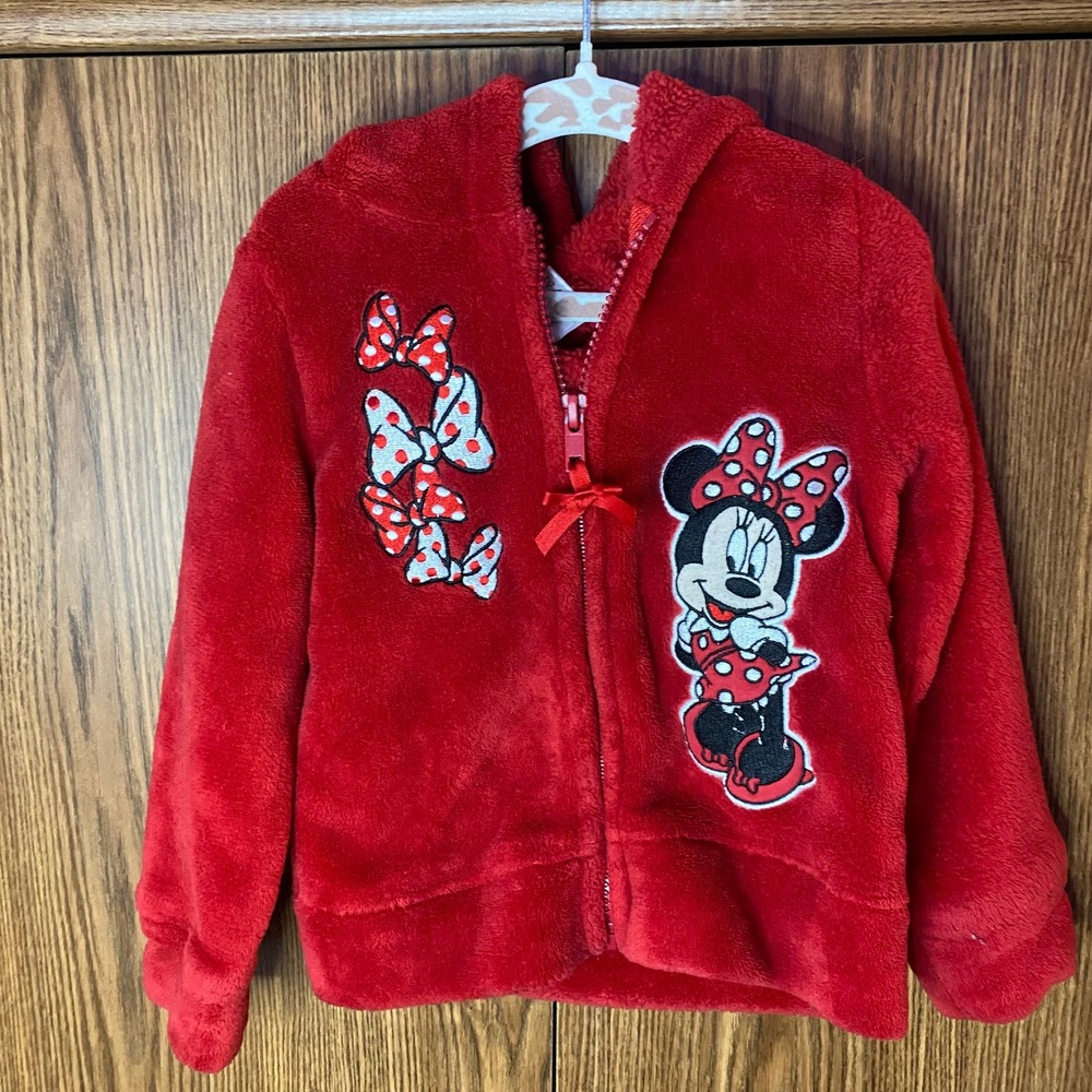 Disney Minnie Mouse Hoodie Kids 3T Red Fleece Polka Dot Bow Zip Up Sweatshirt